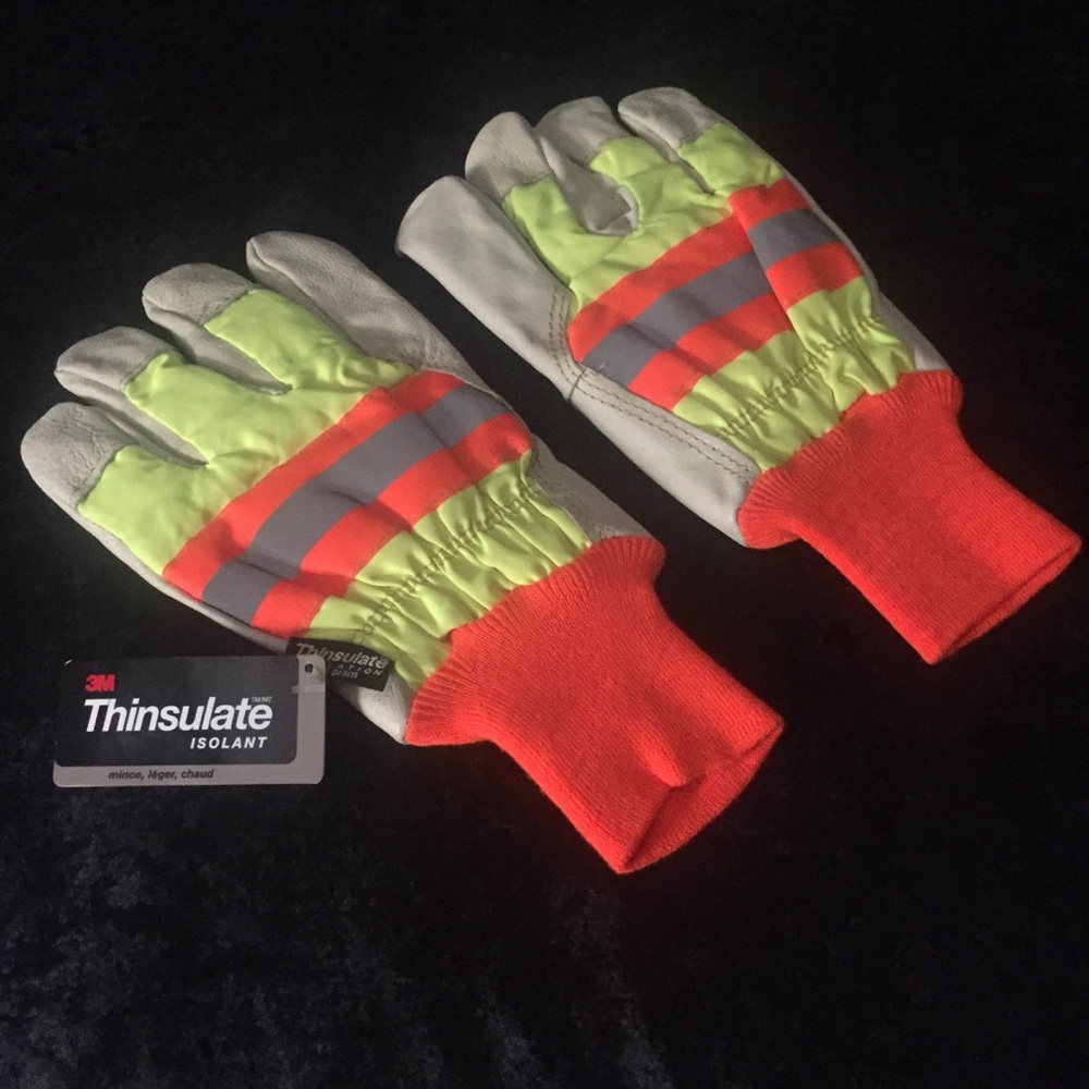XL Leather Thinsulate Leather Reflective Yellow and Orange 3M Work Gloves NWT